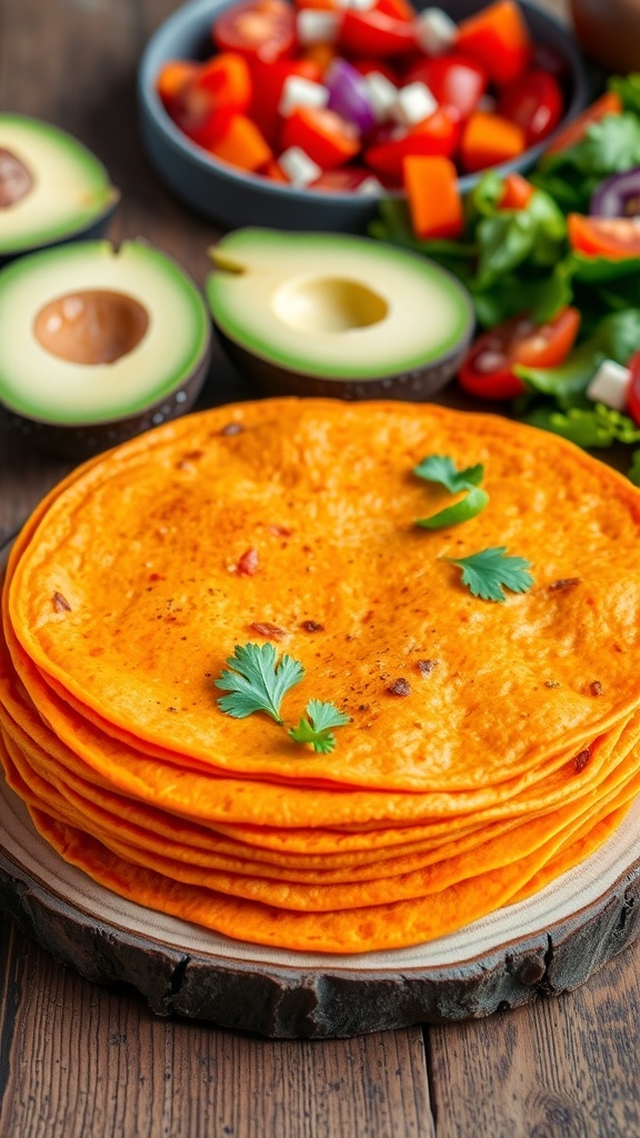 A stack of sweet potato tortillas on a wooden board with fresh toppings like avocado and tomatoes.